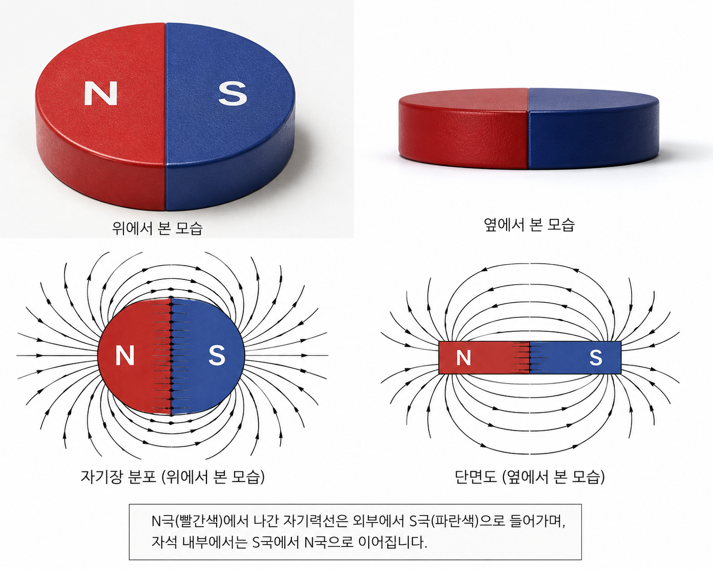 반쪽씩 N극/S극으로 착자된 원판 자석과 자기력선
