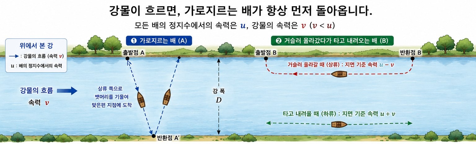 강물이 흐르면 가로지르는 배가 항상 먼저 돌아온다